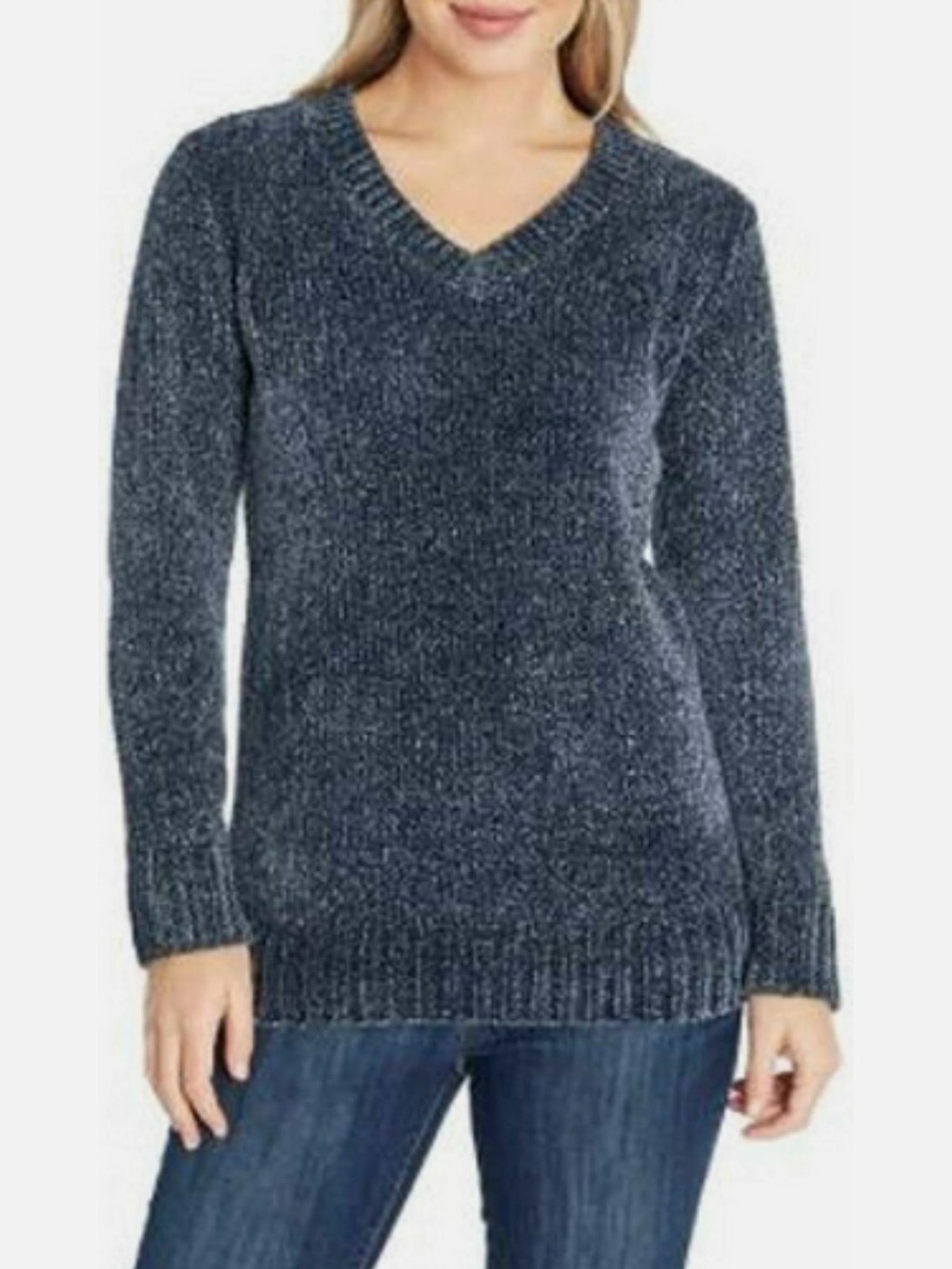 Orvis Classic Women’s Small Marled Navy Blue Chenille V-Neck Tunic Sweater